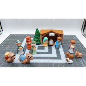 Bisque Mold Hand-Painted Children Christmas Nativity Scene Set of 12 With Creche